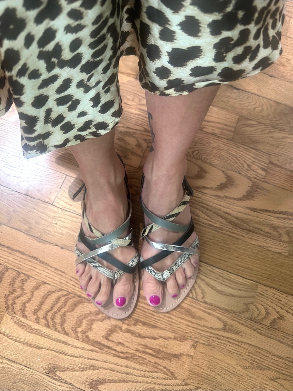 Anthropologie Bibi Lou Strappy Flat Sandals Metalic Silver and Snake Print 8.5